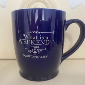 DOWNTON ABBEY TEA CUP coffee mug royal blue violet quote what is a weekend? Set
